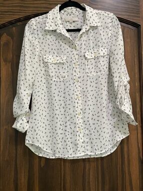 LOFT White Blouse with Black Abstract Dash Print